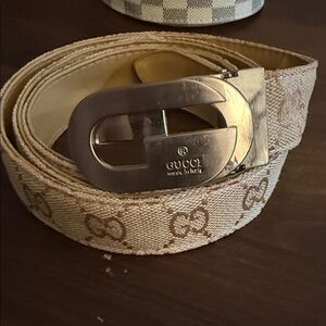 Gucci Beige Monogram Belt with Silver Buckle